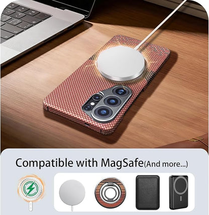 Carbon Fiber for Samsung Galaxy S26 Ultra Case,Built-in Full Camera Lens Cover Protector 800D Aramid Fiber Galaxy S26 Ultra Phone Case, Thin Slim & Light Compatible with MagSafe [Red/Orange]