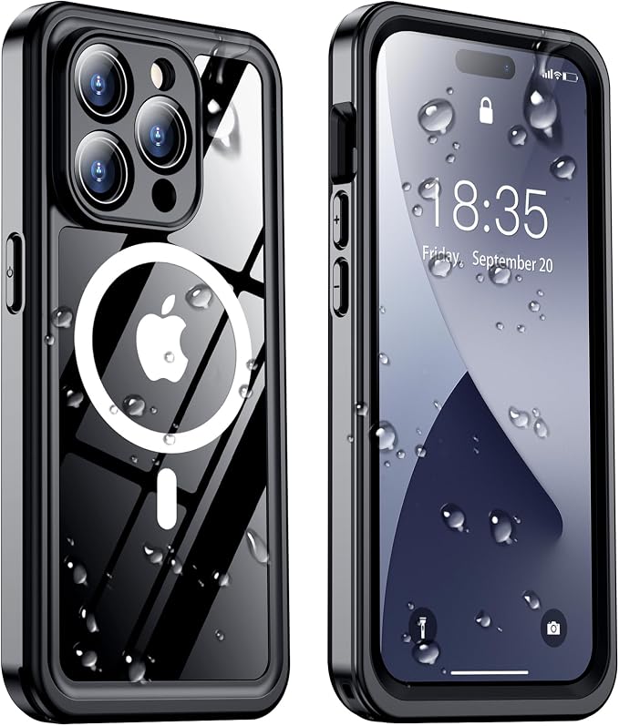 Temdan Magnetic for iPhone 14 Pro Case Waterproof, Built-in Screen Protector[IP68 Underwater][Compatible with MagSafe][Full Body Shockproof][Military Dropproof] Case for iPhone 14 Pro-Black/Clear