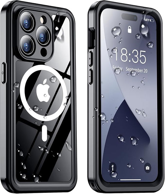 Temdan Magnetic for iPhone 14 Pro Case Waterproof, Built-in Screen Protector[IP68 Underwater][Compatible with MagSafe][Full Body Shockproof][Military Dropproof] Case for iPhone 14 Pro-Black/Clear