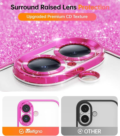 Meifigno Designed for iPhone 17 Case with Ring Stand (6.3"), [Built-in Mirror] [Compatible with MagSafe] [Glitter Card & Wrist Strap] Removable Phone Stand +Designed for iPhone 17 Case, Hot Pink