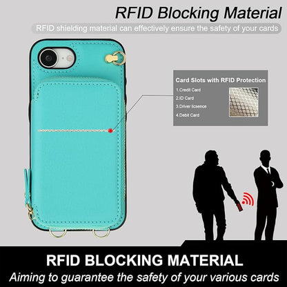 Bocasal Crossbody Wallet Case for iPhone 17e/16e, RFID Blocking Leather Purse Case with Card Holder, Protective Handbag Flip Cover with Zipper Wrist Strap Lanyard for Women 5G 6.1 Inch (Mint Green)