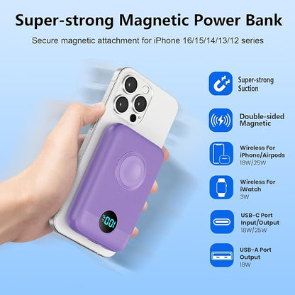 GKUTW Magnetic Portable Charger for iPhone and Apple Watch, 10800mAh 25W PD Fast Charging Power Bank, Dual-Side Magnet Design Travel Essentials Battery Pack for iPhone 17/16/15/14/13/12 (Purple)