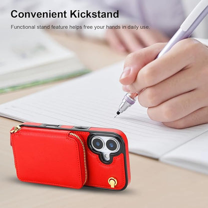 Bocasal Crossbody Wallet Case for iPhone 17, RFID Blocking Leather Purse Case with Card Holder, Protective Handbag Flip Cover with Zipper Wrist Strap Lanyard for Women 5G 6.3 Inch (Red)