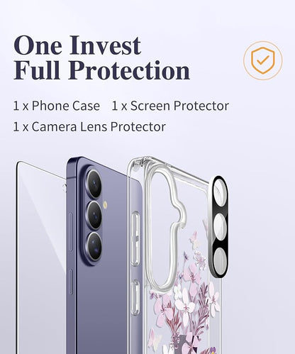 GVIEWIN for Samsung Galaxy S26 Case, Clear Floral Slim Shockproof Protective Women Phone Case, Non-Yellowing, with Screen Protector & Camera Lens Protector for Galaxy S26 6.3", Vase/Purple