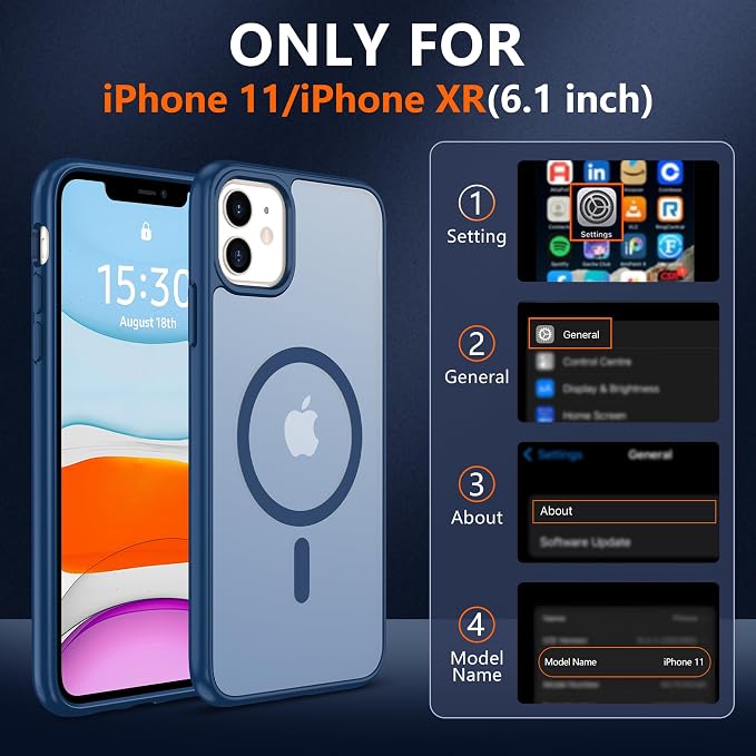 Pilaru for iPhone 11 Case & iPhone XR Case [Compatible with Magsafe] Translucent Matte Magnetic Case with Screen Protector,SlimThin Shockproof Protective Cover for iPhone 11 & iPhone XR-Dark Blue