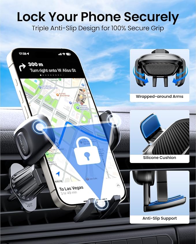REEVAA Military Grade Car Vent Phone Mount [Metal Hook, Ultra Stable], Universal Cell Phone Air Vent Holder, Car Accessories Compatible with iPhone 17 Air Pro Max 16 15 Samsung Ultra S24 S25