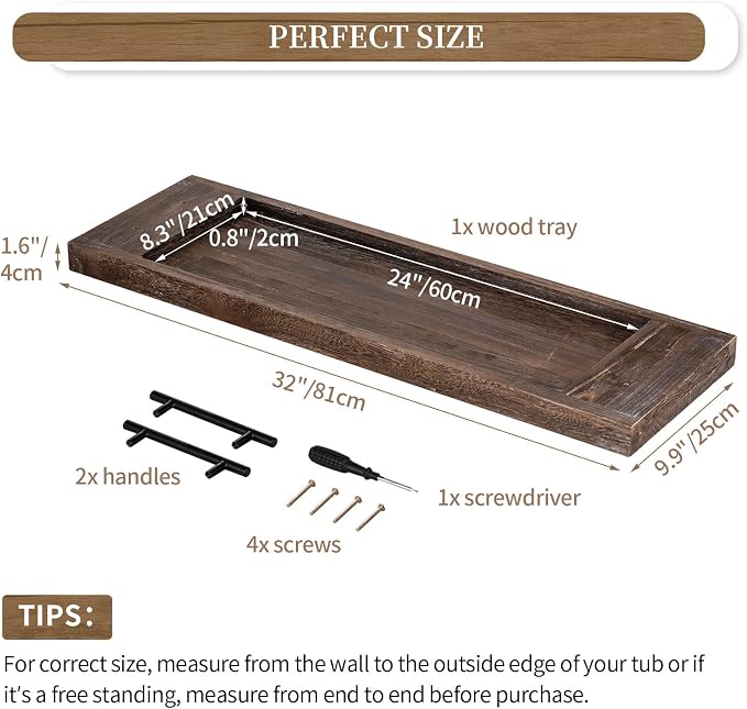 Hanobe Bathtub Tray Bath Caddy: Wood Tub Trays Table Extra Large Rustic Bathtub Shelf Across Tub Wooden Serving Tray with Handles for Bathroom, 31"