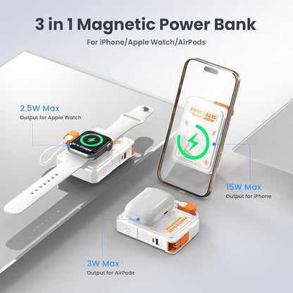 for Magsafe Battery Pack 10000mAh,5-in-1 Magnetic Portable Charger with Wall Plug, Wireless Power Bank for Apple Watch,22.5W Fast Charging PowerBank for iPhone 17 Pro Max/16/15/14/13/12