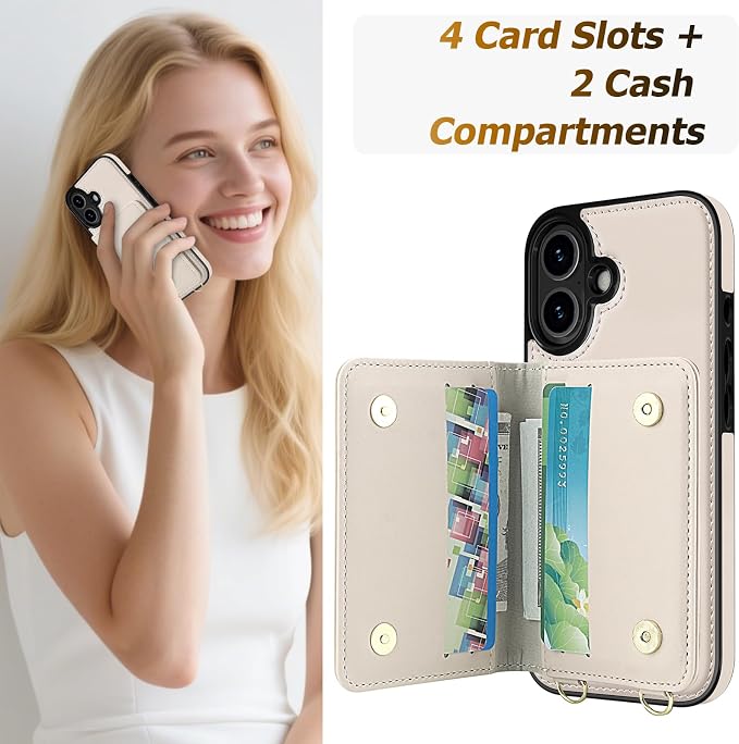 LOHASIC for iPhone 17 Wallet Case for Women, RFID Blocking iPhone 17 Case Wallet Crossbody, 4 Card Slots & 2 Cash Pockets Vegan Leather Case Card Holder for iPhone 17 (6.3 Inch, 2025), Ivory White