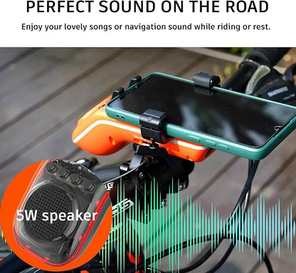 UPPEL Bluetooth Speaker Bicycle, Multifunctional Bike Phone Holder 10-in-1- LED Light - Bike Horn - Microphone - Ideal for Road & Mountain Bike - Extreme & Casual Cycling-Orange
