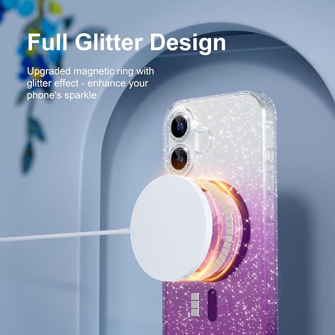 Choiche Magnetic for iPhone 17 Case Compatible with MagSafe, Women Cute Glitter Sparkly Phone Case with Diamond Camera Lens Protectors, Military-Grade Drop Protection 6.3" (Clear/Purple)