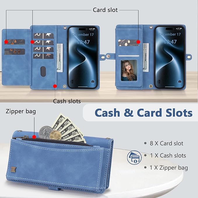 Wallet Case for iPhone 15 Pro Max with Card Holder/Crossbody Wallet/Strap| RFID Blocking | Magnetic | Kickstand | Detachable | PU Leather Phone Case for iPhone 15 Pro Max,6.7 in,Sky Blue
