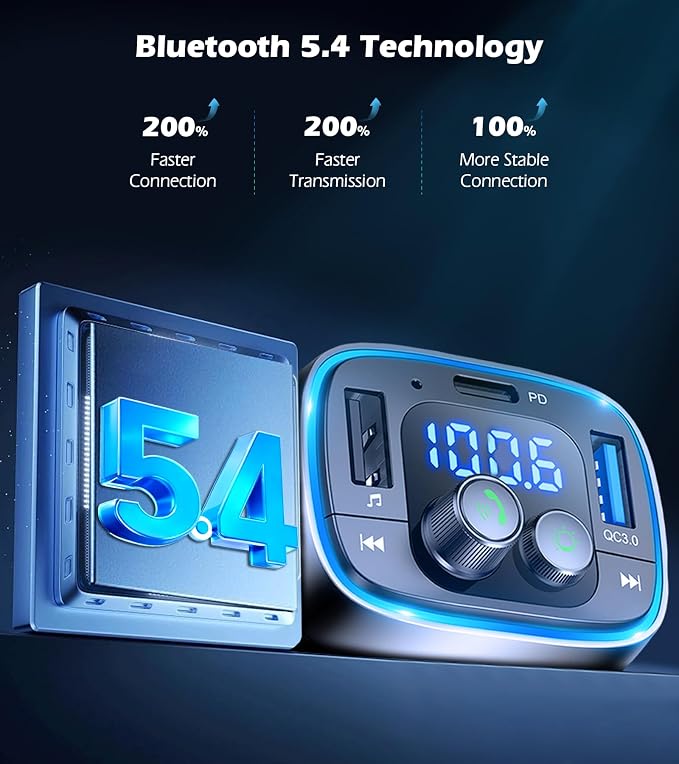 LIHAN USB C Bluetooth 5.4 Car Adapter, Wireless Upgrade Audio System for Non-Bluetooth Vehicles, FM Radio Transmitter, 48W Fast Charging, Stable Hands-Free Calling, MP3 Music Player, Support USB/TF