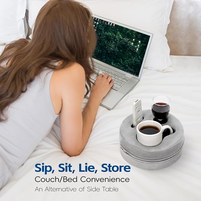 G GOOD GAIN Couch Cup Holder Pillow, Cute Sofa Drink Cup Holder Cozy Buddy | Desk Organizer for Mugs, Snacks, Phone, Makeup | Bed Caddy Tray for Car, Beach, Picnic, Boat, RV, Table (LightGrey)