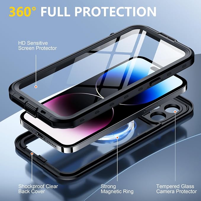 Red2Fire for iPhone 14 Pro Case Waterproof, [Built-in Screen Protector & Camera Protector][Compatible with MagSafe][Full Body Shockproof][IP68 Waterproof][Dustproof] Phone Case 6.1" Black/Clear