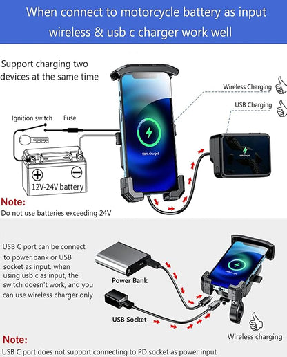 KEWIG Motorcycle Phone Mount Qi 15W Wireless & USB C 20W Fast Chargeing Port, Automatically Lock & Quick Release Handlebar Cell Phone Holder for 4-7'' Phones