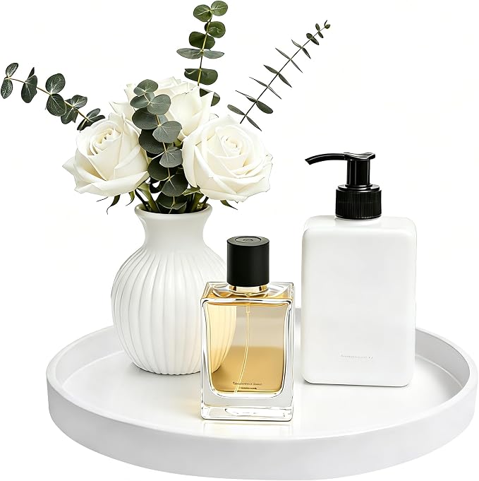 1 Pack 8" Bathroom and Vanity Tray, ABS Bathroom Counter Organizer, Coffee Table Decor for Perfume, Candles, Keys &More. Kitchen Countertop Organizer, Decorative Tray Soap Holder, White