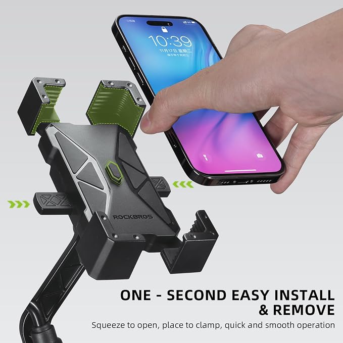 ROCKBROS Bike Phone Holder, Motorcycle Phone Mount, Anti-Shake Cell Phone Holder, 360° Adjustable for iPhone 16, 15 Pro Max/Plus, S9, S10 and More 4.7" to 7" Smartphones，Black