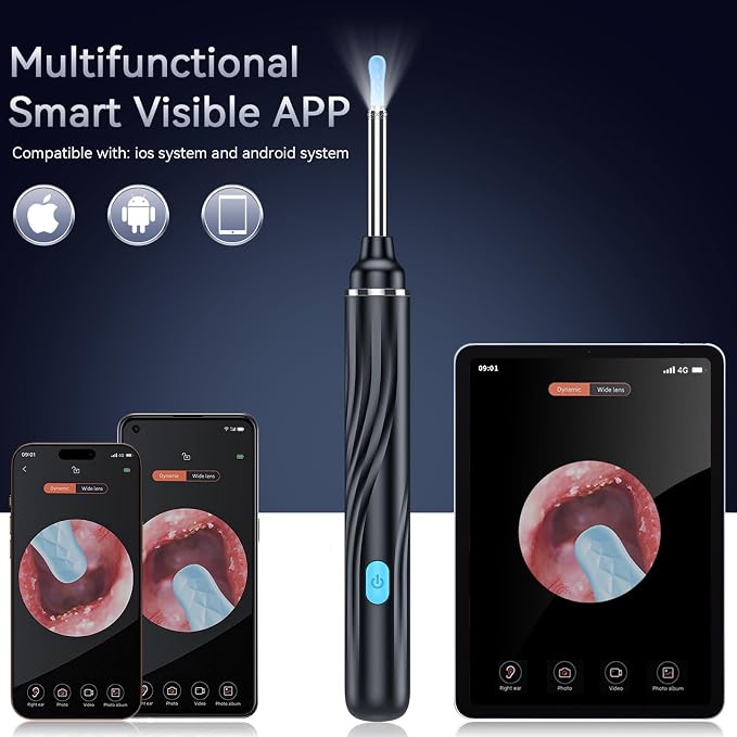 Ear Wax Removal Tool Camera, Ear Cleaner with Camera, Ear Wax Removal Kit, 1080P HD Ear Camera, Earwax Removal Kit with Camera and 6 LED Light, 6 Ear Pick & Ear Set for iOS & Android, Black