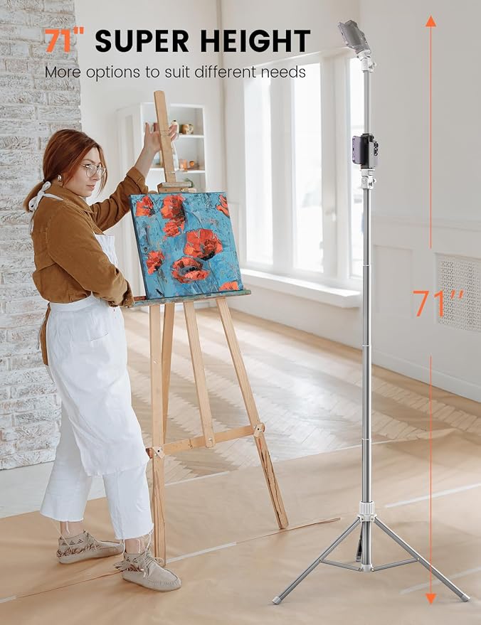 71'' Phone Tripod Stand, Extendable Reinforced Aluminum Phone Stand with Wireless Remote, Stable Cellphone Tripod Compatible with iPhone 14/13/12 Galaxy S23/S22 Huawei (White)
