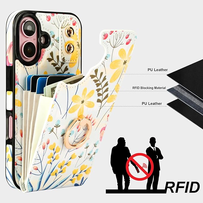 HAOPINSH for iPhone 16 Wallet Case with Card Holder, 360°Rotation Ring Kickstand, Floral Flower Pattern, RFID Blocking Leather for Girls Women, Double Buttons Protective Cover 6.1"