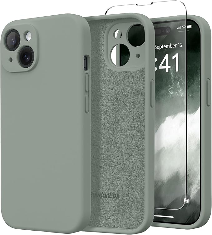 Magnetic for iPhone 14 Case, Compatible with MagSafe, [Full Camera Protection][Screen Protector] Silicone Shockproof Protective Phone Case for iPhone 14 6.1 inch, Calke Green