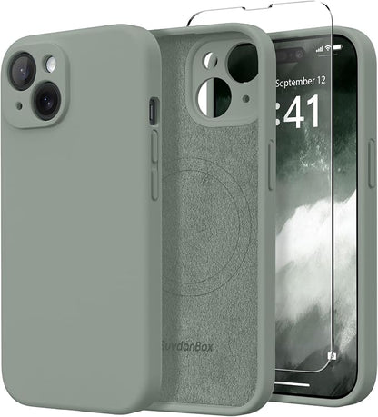 Magnetic for iPhone 15 Case, Compatible with MagSafe, [Screen Protector + Full Camera Protection], Silicone Shockproof Anti-Scratch Protective Phone Case for iPhone 15 6.1", Calke Green