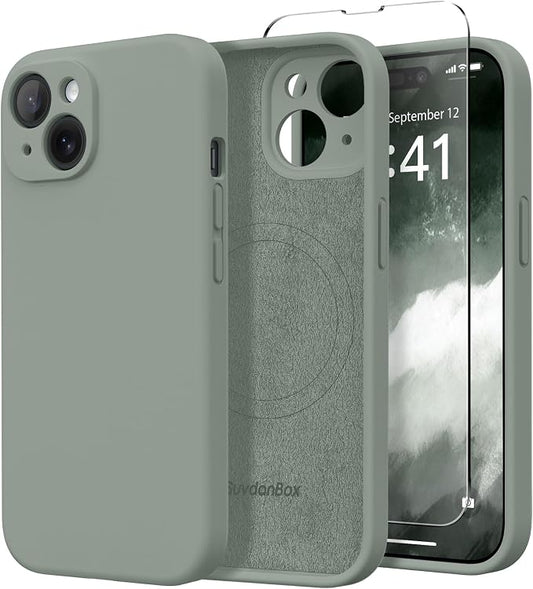 Magnetic for iPhone 15 Case, Compatible with MagSafe, [Screen Protector + Full Camera Protection], Silicone Shockproof Anti-Scratch Protective Phone Case for iPhone 15 6.1", Calke Green