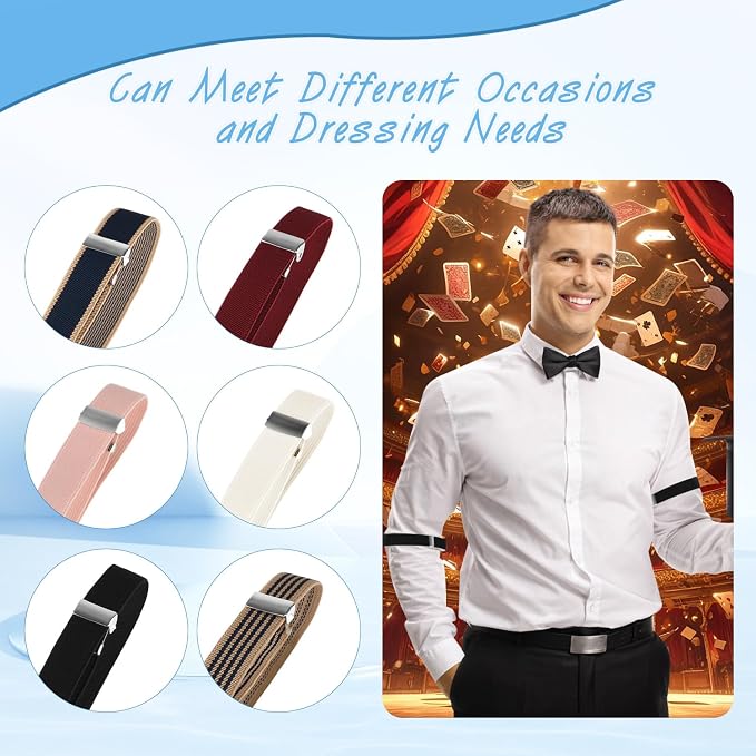 12 Pairs Elastic Black Arm Band Sleeve Garters Anti-Slip Adjustable Armband Unisex Long Sleeve Holders for Men Women,6 Colors