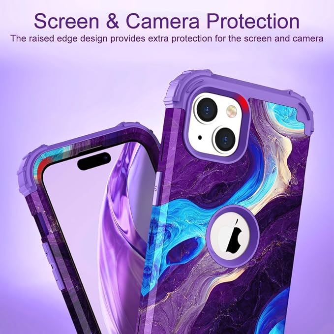Hocase for iPhone 15 Case, Heavy Duty Shockproof Protection Soft Silicone Rubber Bumper+Hard Plastic Hybrid Protective Case for iPhone 15 (6.1" Display) 2023 - Blue Purple Marble