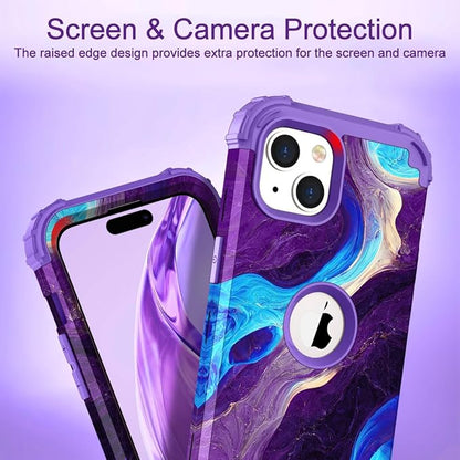 Hocase for iPhone 15 Case, Heavy Duty Shockproof Protection Soft Silicone Rubber Bumper+Hard Plastic Hybrid Protective Case for iPhone 15 (6.1" Display) 2023 - Blue Purple Marble