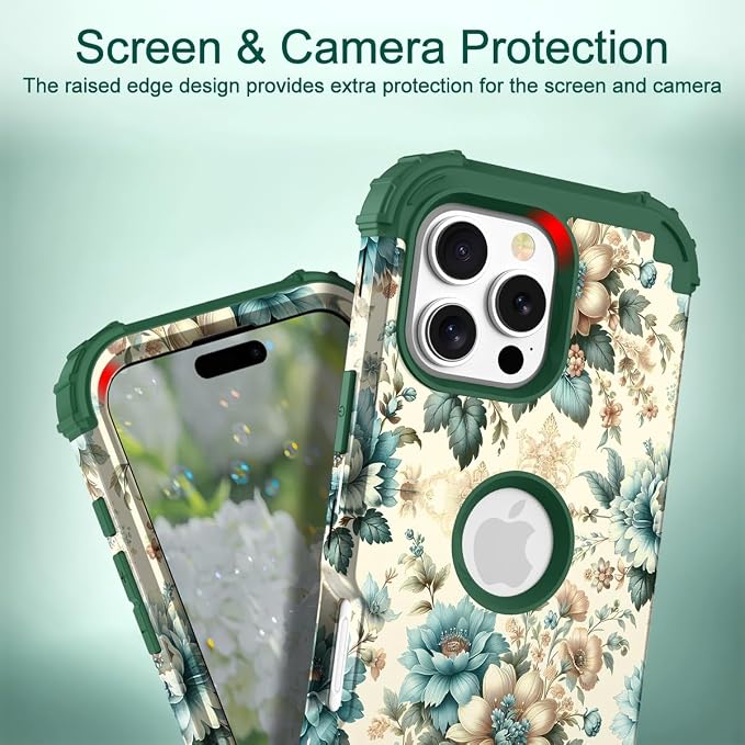 Hocase for iPhone 16 Pro Case 6.3", Heavy Duty Shockproof Protection Soft Silicone Rubber+Hard Plastic Bumpers Hybrid Protective Case for iPhone 16 Pro 2024 - Teal Blue Flowers