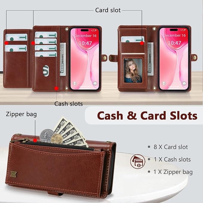 Wallet Case for iPhone 15 Plus with Card Holder/Crossbody Wallet/Strap| RFID Blocking | Magnetic | Kickstand | Detachable | PU Leather Phone Case for iPhone 15 Plus,6.7 in,Brown