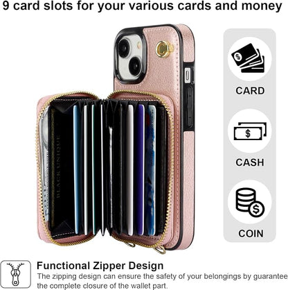 Bocasal Crossbody Wallet Case for iPhone 15, RFID Blocking Leather Purse Case with Card Holder, Protective Handbag Flip Cover with Zipper Wrist Strap Lanyard for Women 5G 6.1 Inch (Rose Gold)