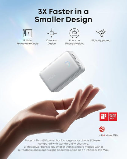 Anker Nano Portable Charger, 45W 10000mAh with 2.3 ft Retractable Cable, Compact Power Bank, Travel Essential Phone Battery Pack for iPhone 17/16 Series, iPad, Galaxy, Pixel, and More