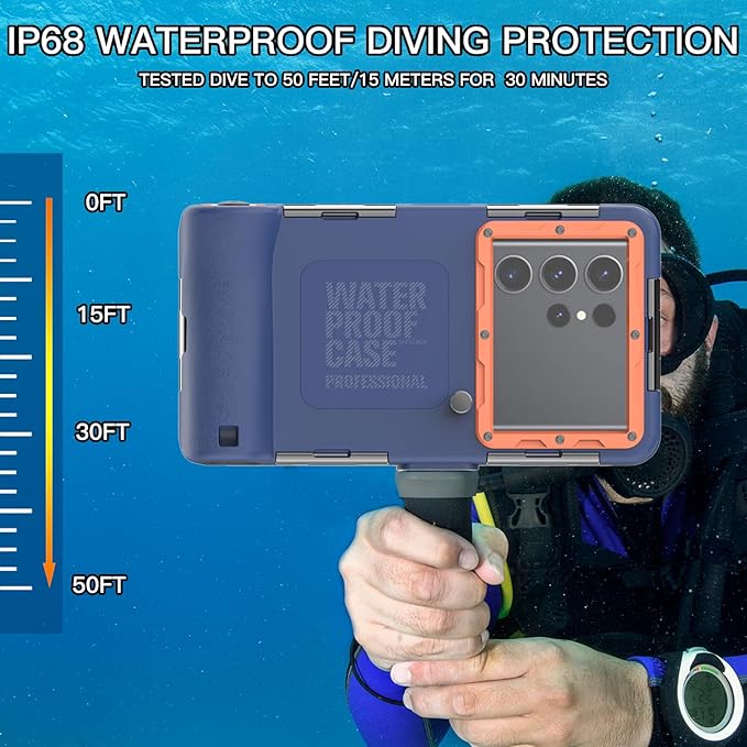 Underwater Snorkeling Diving Phone Case, Waterproof Phone Case for iPhone 16/15/14/13/12/11Pro Max/XR/XS for Samsung Galaxy S24/S23/S22/S21,Universal Scuba Underwater Photo Video Housing(Orange)