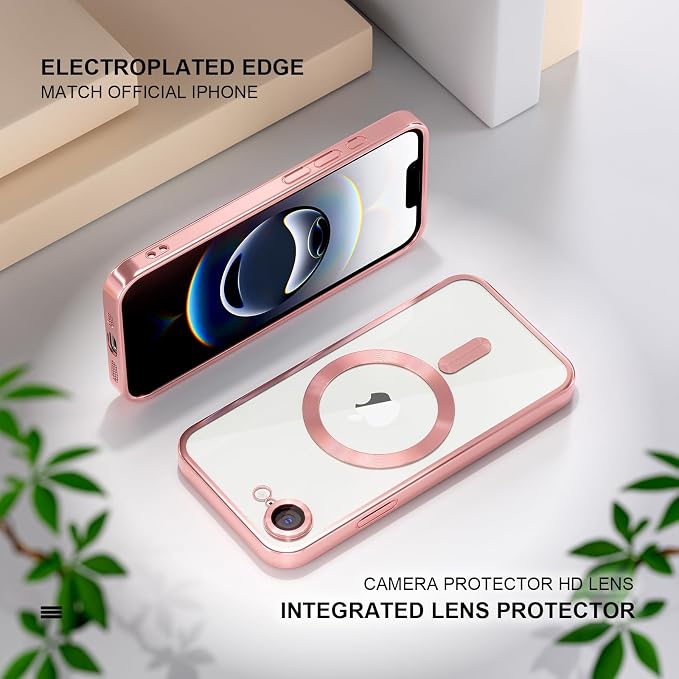 Misea Magnetic for iPhone 17e / 16e Case Compatible with MagSafe [Never Yellowing] [Military Grade Drop Protection] Full Camera Lens Protector Plating Soft Clear Phone Case for Women 6.1 inch, Pink