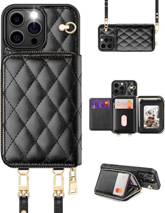 OCASE Compatible with iPhone 16 Pro Crossbody Wallet Case with Card Holder, PU Leather Zipper Handbag Phone Purse with RFID Blocking Kickstand Wrist Strap Lanyard 6.3 Inch, Diamond Check Black