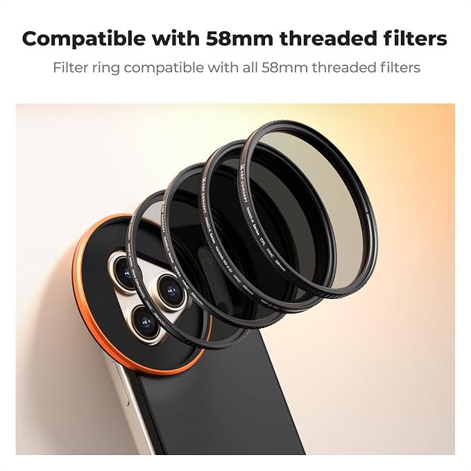 K&F CONCEPT Double-sided Magnetic Lens Filter Mount Adapter with 58mm Variable ND2-32 Filter, Compatible with iPhone 17 Pro Max and 58mm Threaded Filters