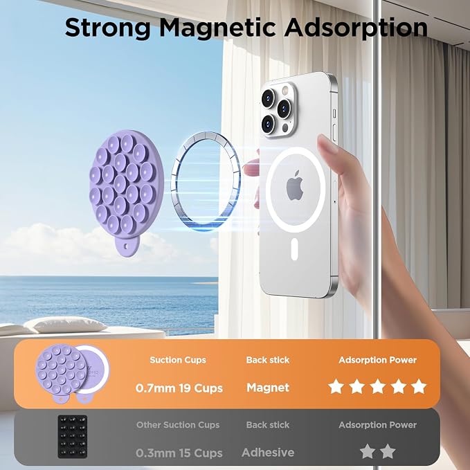 Magnetic Suction Cup Phone Mount with MagSafe, Silicone Hands-Free Grip Holder for iPhone Case and Android, Mirror Shower Phone Stand for Makeup FaceTime Gym Kitchen Bathroom, Lilac Purple