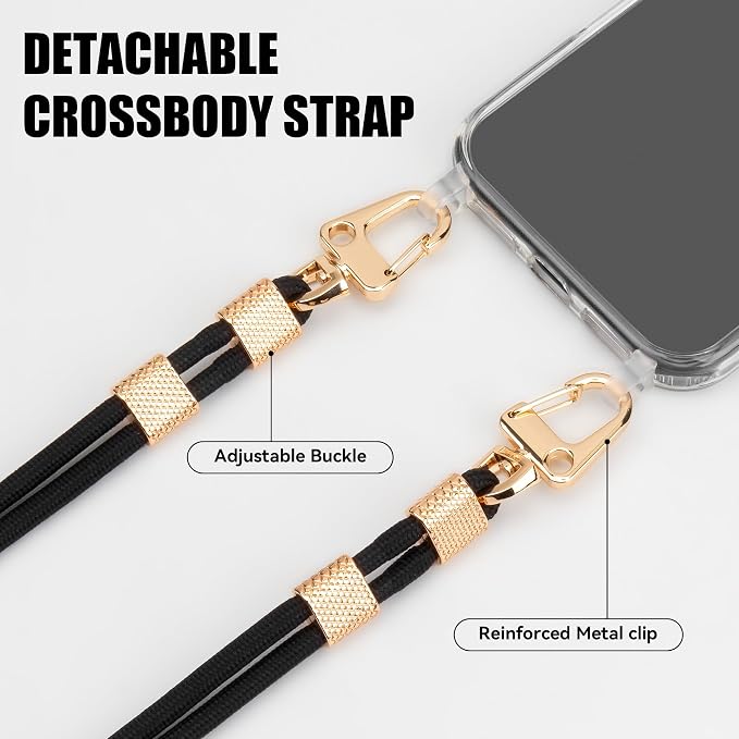 for iPhone 17 Air Case with Strap, Clear Shockproof Crossbody Phone Cover w/Removable Anti-Theft Adjustable Lanyard for Women, Travel, Shopping, Hiking (6.6", Black)