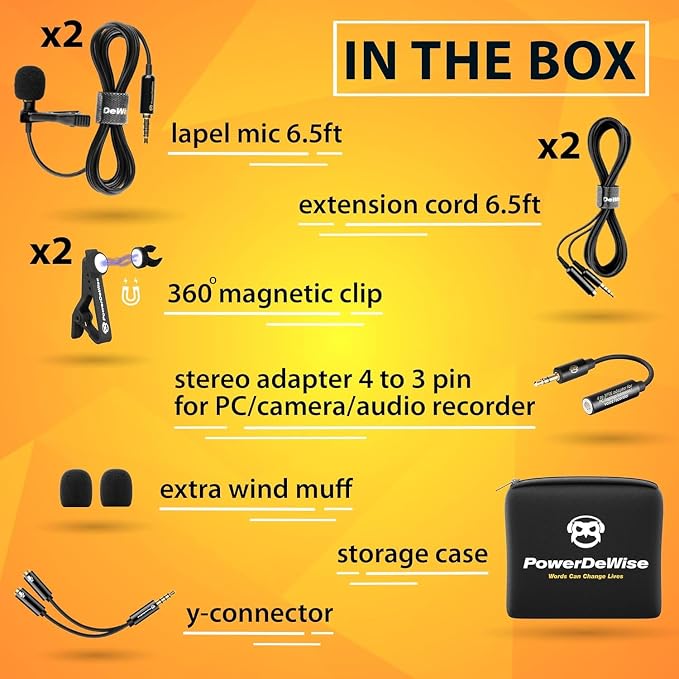 PowerDeWise Dual Lavalier Microphone Set for iPhone, Android & Camera – Professional Clip-On Lapel Microphones for Interviews, Podcasting, YouTube, Video Recording, Vlogging & Online Teaching
