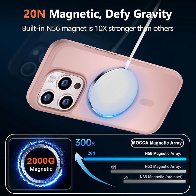 MOCCA Strong Magnetic for iPhone 15 Pro Case, [Compatible with Magsafe][13FT Military Drop Protection] Slim Translucent Matte Shockproof Case for iPhone 15 Pro Phone Case 6.1'', Pink
