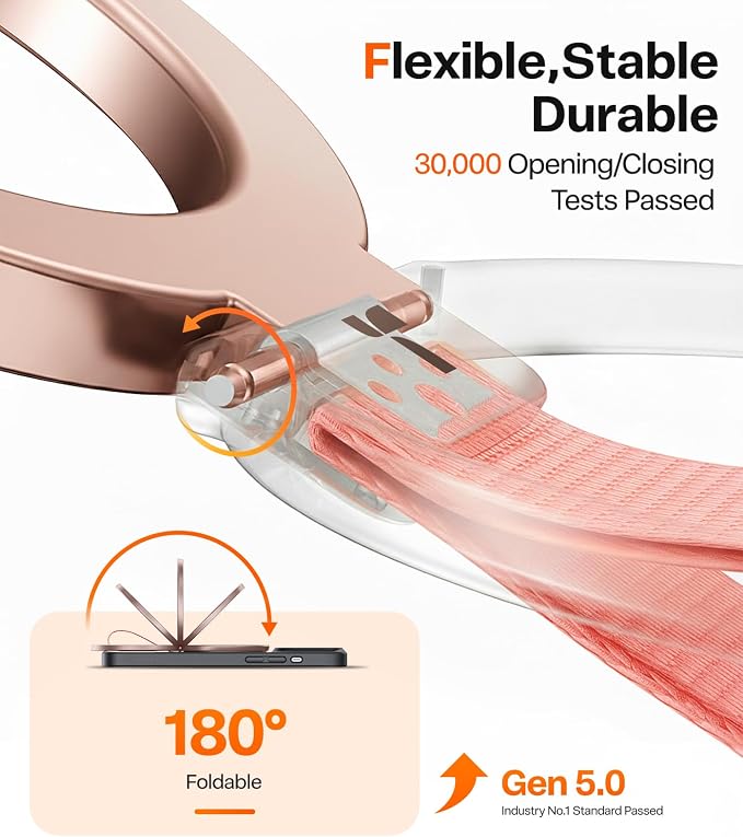 TORRAS 2025 Upgrade (Gen 6.0) Magnetic Phone Grip Holder Kickstand with Braided Strap, Fit for MagSafe Ring Removable, for iPhone 17 16,15, 14, 13 12 Pro/Max Samsung, Google (Rose Gold), Ostand Ring