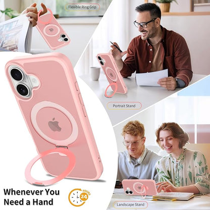Ultra-Magnetic Stand for iPhone 17 Case [Military Drop Protection] [Compatible with MagSafe] Shockproof Translucent Matte Slim Ring Holder Case for iPhone 17 (Pink)
