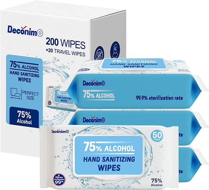 Advanced Large 75% Alcohol Hand Sanitizing Wipes, 4 Packs of 50 (200 count +20 travel wipes) - (Each Wipe Size 6" x 8")