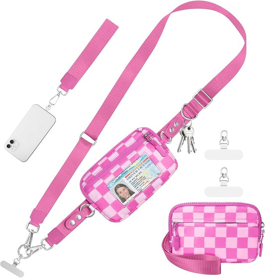 Clip and Go Strap for Phone with Wallet Crossbody Phone Lanyard and Detachable Checkered Bag with ID Window and RFID Pouch for Daily Travel.