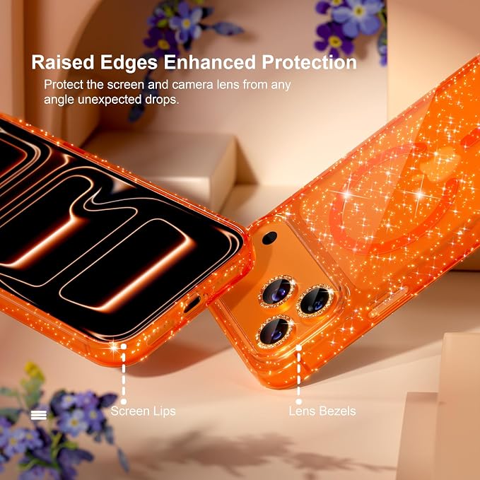 Choiche Magnetic for iPhone 17 Pro Case Compatible with MagSafe, Women Cute Glitter Sparkly Phone Case with Diamond Camera Lens Protectors, Military-Grade Drop Protection 6.3" (Orange)