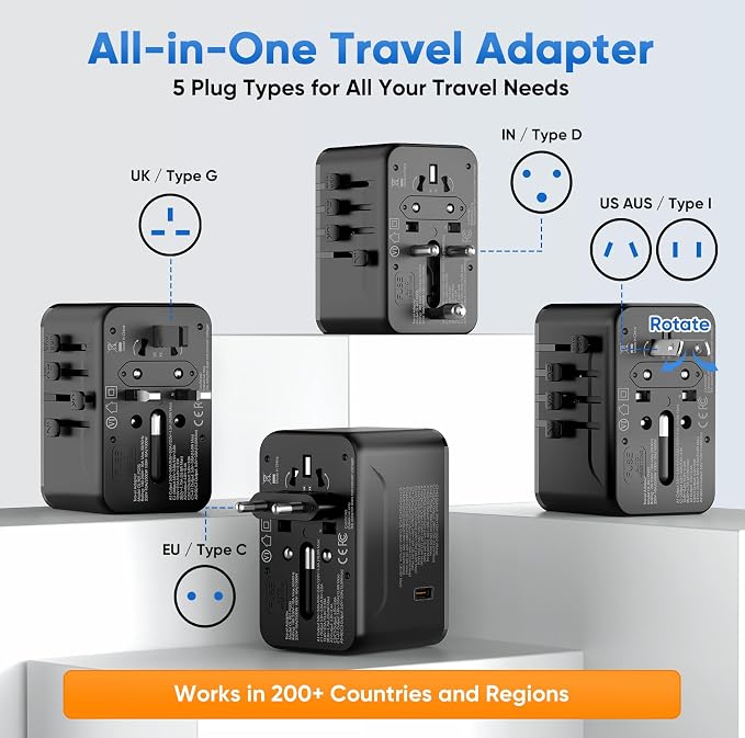 Universal Travel Adapter - 35W International Power Adapter with Fuse Auto-Resetting, USB-C PD Fast Charging Worldwide Plug Adaptor for USA to European UK AUS India, Type C/G/D/I/A, Black