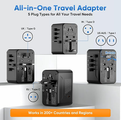 Universal Travel Adapter - 35W International Power Adapter with Fuse Auto-Resetting, USB-C PD Fast Charging Worldwide Plug Adaptor for USA to European UK AUS India, Type C/G/D/I/A, Black